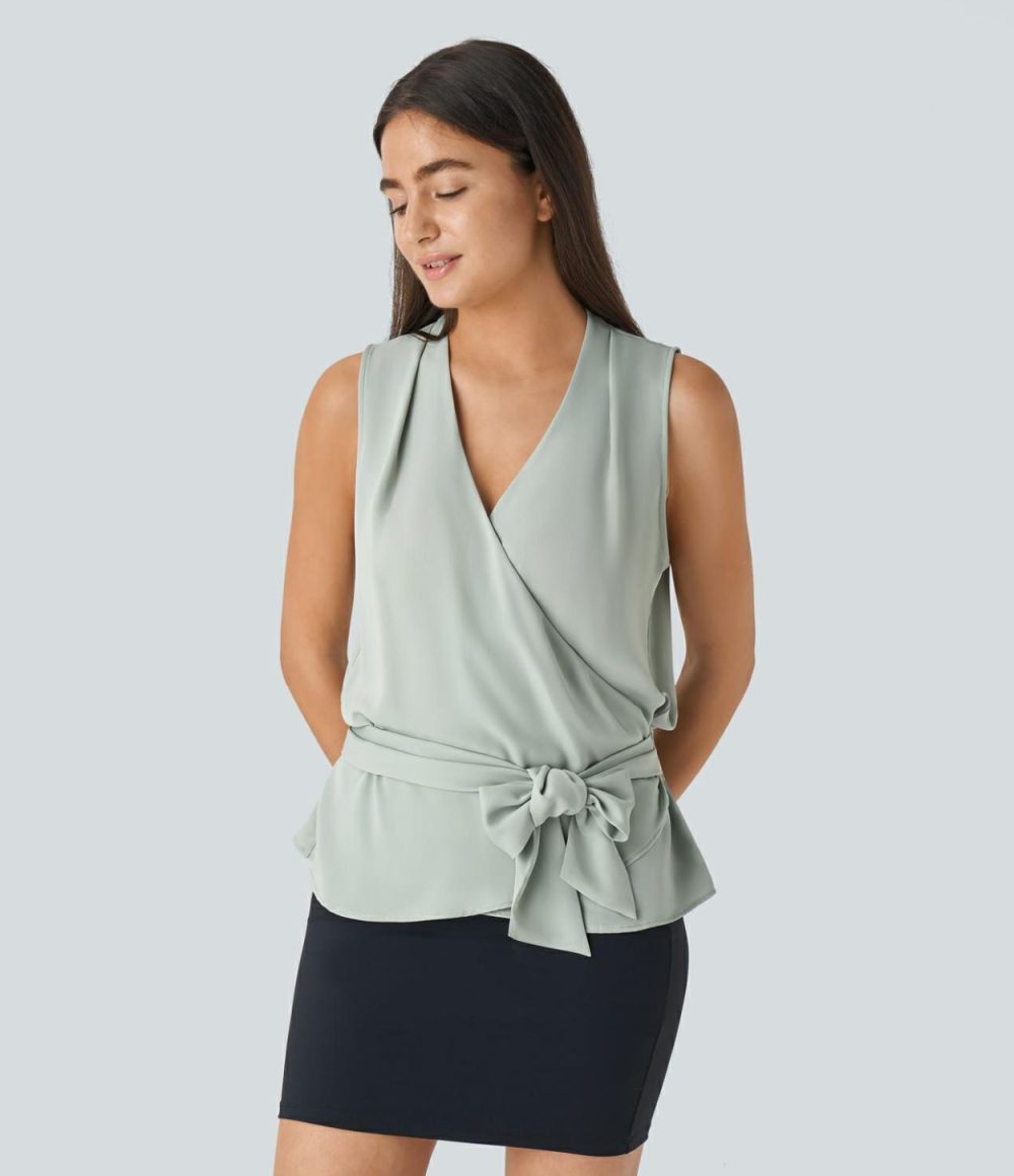 V Neck Sleeveless Wrapped Tie Front Shirred Work Blouse  | Womens  T-Shirts Clothing Black/Pale Clay Green