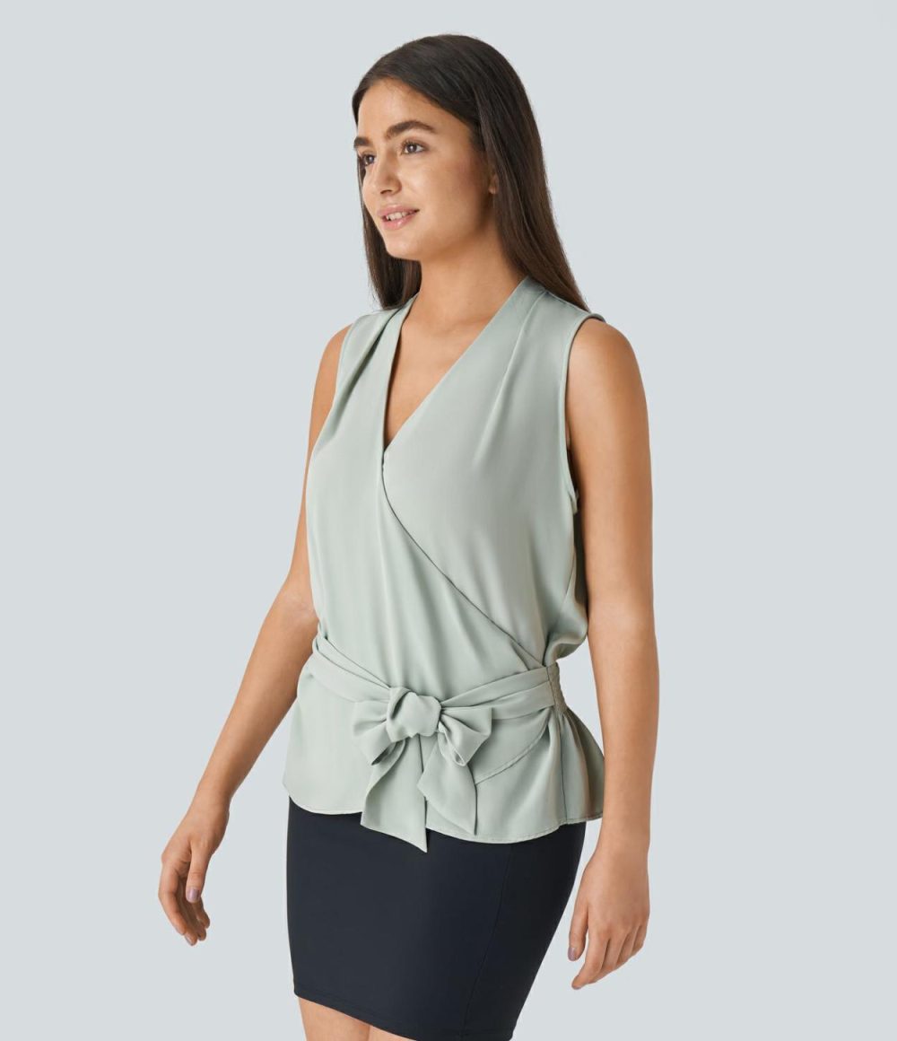 V Neck Sleeveless Wrapped Tie Front Shirred Work Blouse  | Womens  T-Shirts Clothing Black/Pale Clay Green