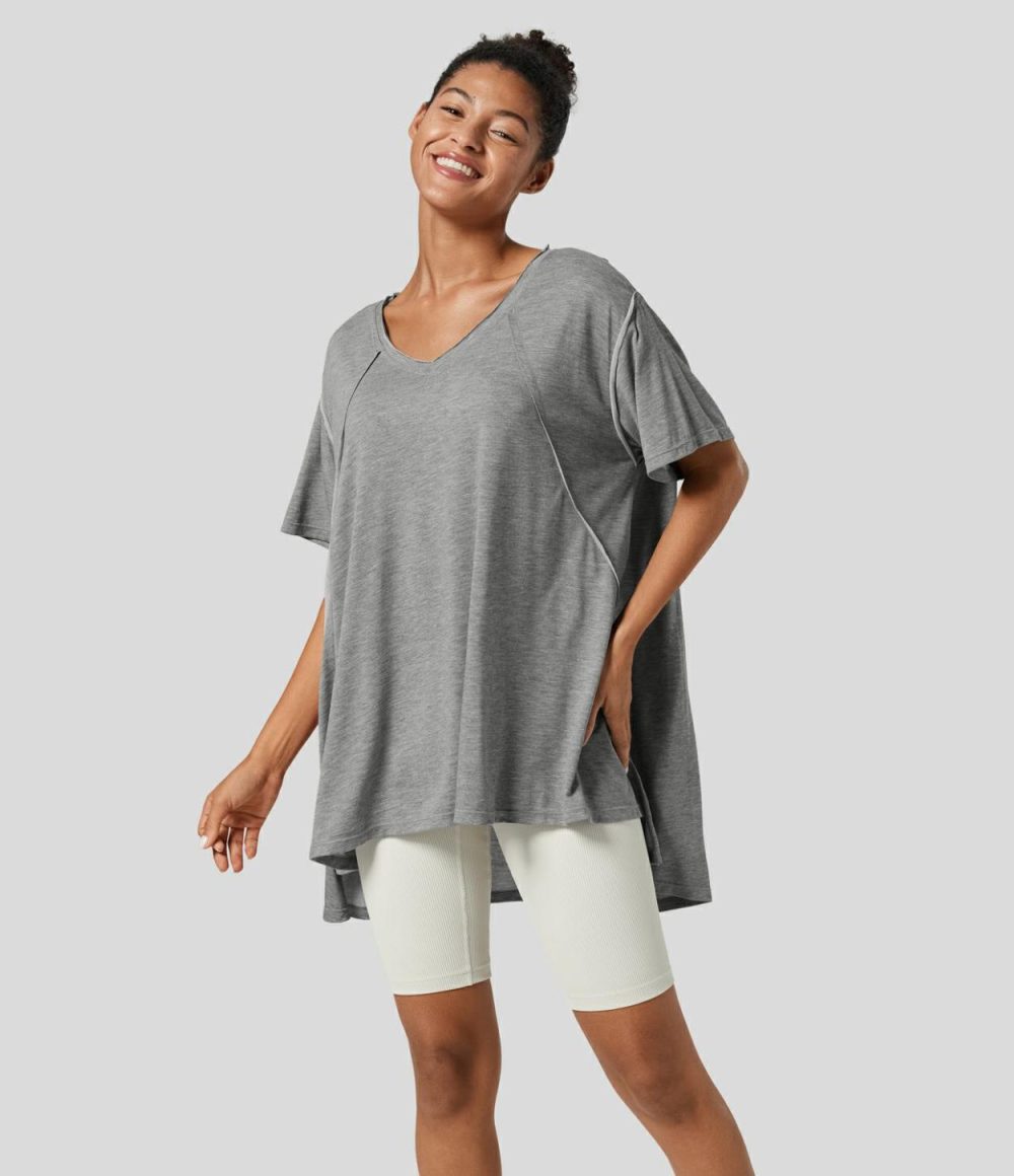 V Neck Split Hem High Low Oversize Yoga Sports Top  | Womens  Sports Tops Clothing Ash Grey/Black