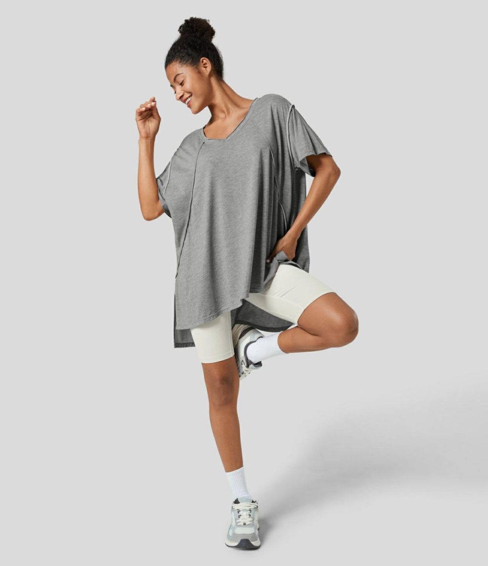 V Neck Split Hem High Low Oversize Yoga Sports Top  | Womens  Sports Tops Clothing Ash Grey/Black