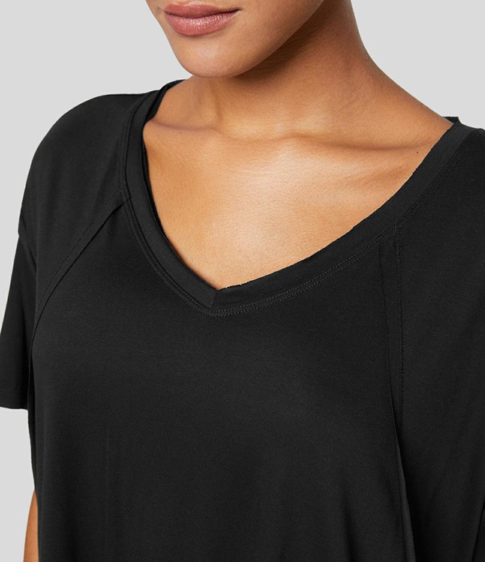 V Neck Split Hem High Low Oversize Yoga Sports Top  | Womens  Sports Tops Clothing Ash Grey/Black