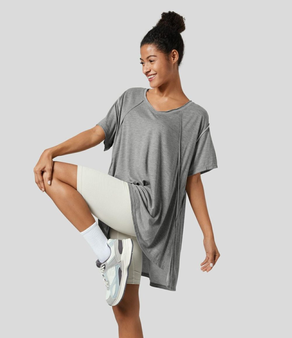 V Neck Split Hem High Low Oversize Yoga Sports Top  | Womens  Sports Tops Clothing Ash Grey/Black