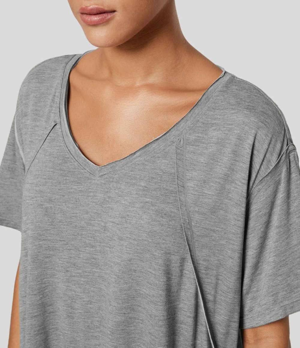 V Neck Split Hem High Low Oversize Yoga Sports Top  | Womens  Sports Tops Clothing Ash Grey/Black