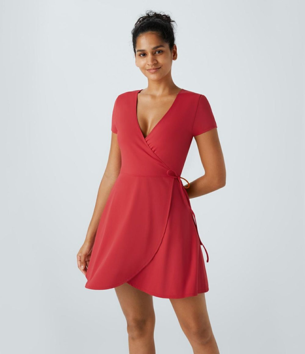 V Neck Wrapped Tie Side Mini Casual Dress  | Womens  Active Dresses Active Dresses Active Dresses