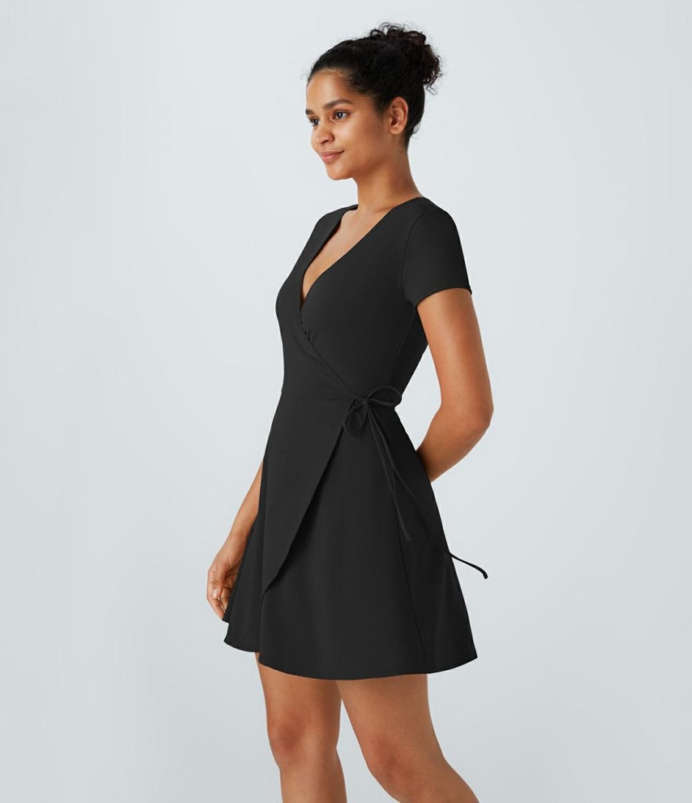 V Neck Wrapped Tie Side Mini Casual Dress  | Womens  Active Dresses Active Dresses Active Dresses