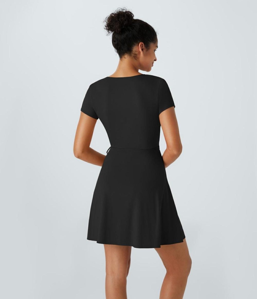 V Neck Wrapped Tie Side Mini Casual Dress  | Womens  Active Dresses Active Dresses Active Dresses