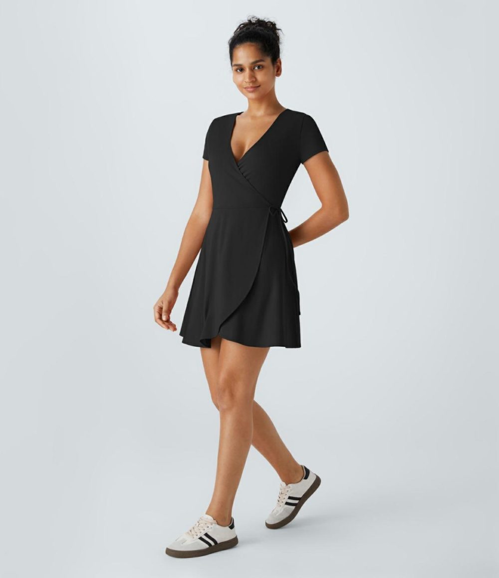 V Neck Wrapped Tie Side Mini Casual Dress  | Womens  Active Dresses Active Dresses Active Dresses