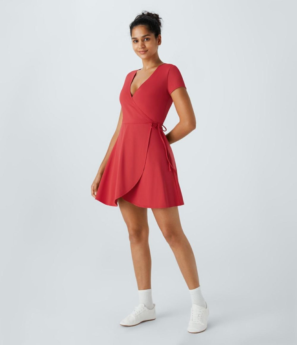 V Neck Wrapped Tie Side Mini Casual Dress  | Womens  Active Dresses Active Dresses Active Dresses