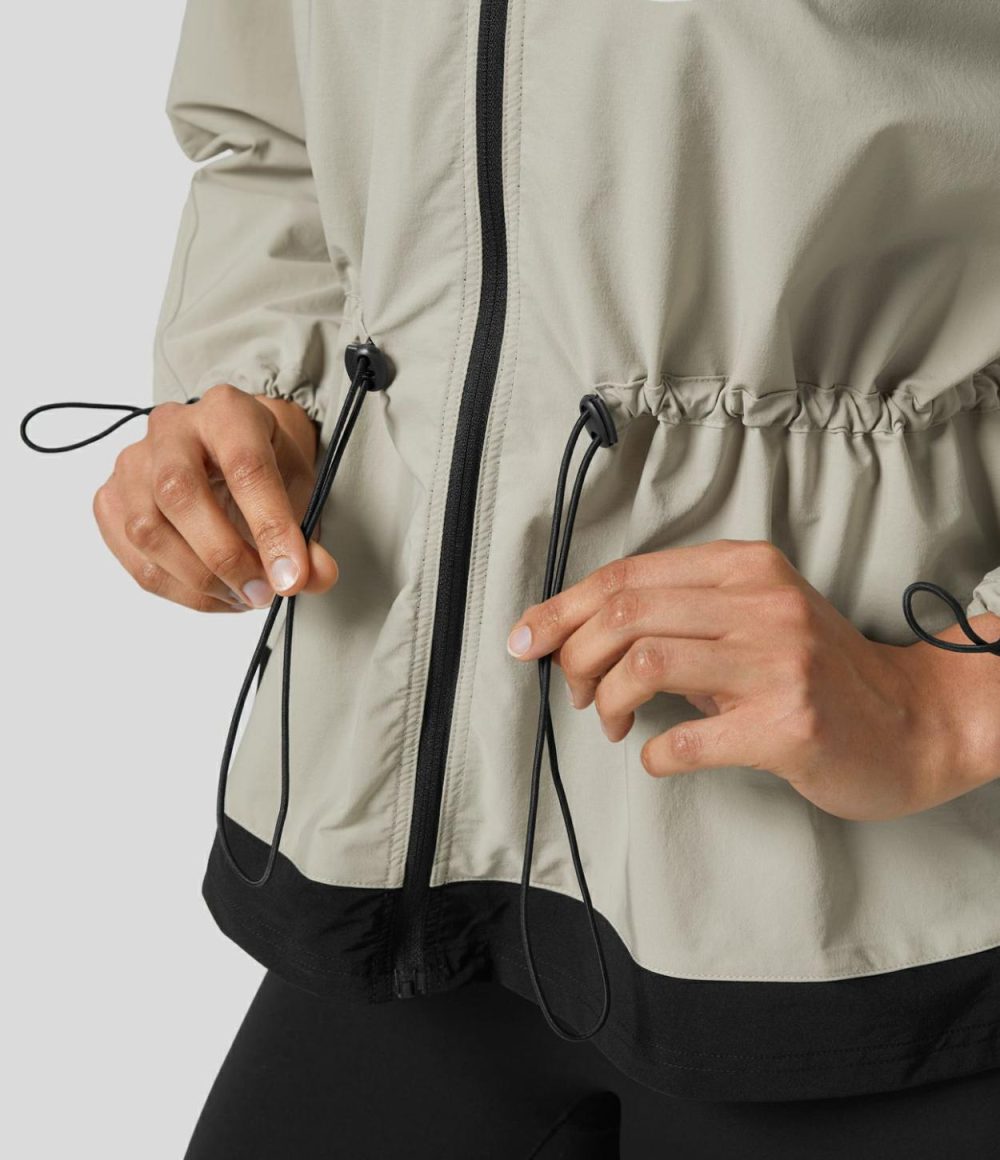 Waterproof Collared Zipper Long Sleeve Adjustable Drawcord Color Block Hiking Cargo Jacket  | Womens  Cargo Pants Cargo Pants Cargo Pants