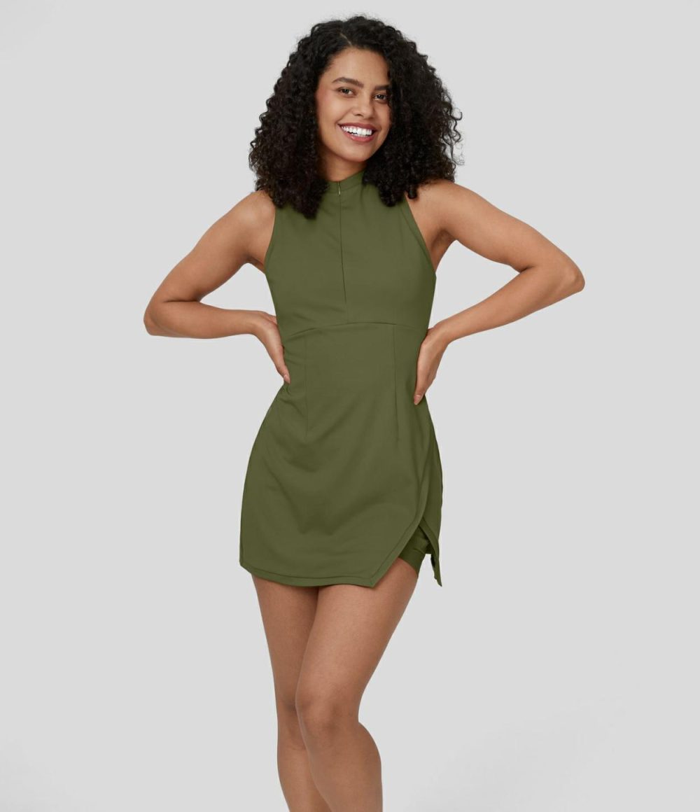 Zipper Racerback Split Side Pocket 2-Piece Mini Tennis Active Dress  | Womens  Active Dresses Active Dresses Active Dresses