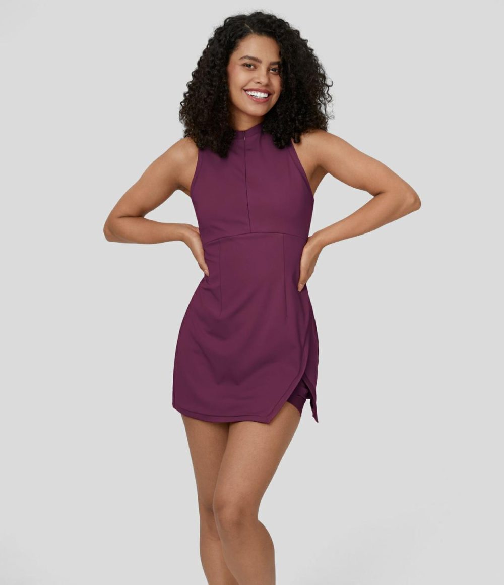 Zipper Racerback Split Side Pocket 2-Piece Mini Tennis Active Dress  | Womens  Active Dresses Active Dresses Active Dresses