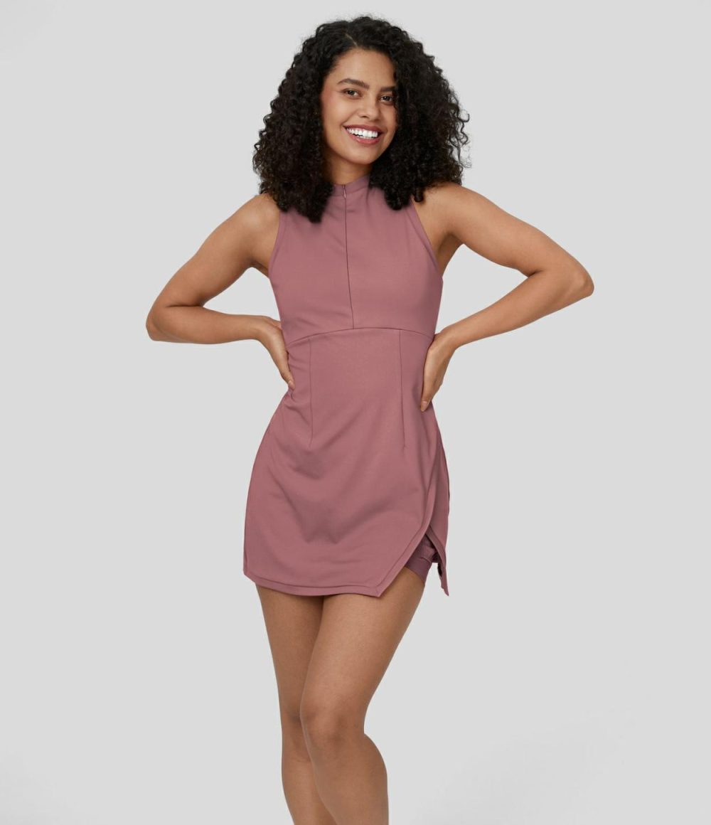 Zipper Racerback Split Side Pocket 2-Piece Mini Tennis Active Dress  | Womens  Active Dresses Active Dresses Active Dresses