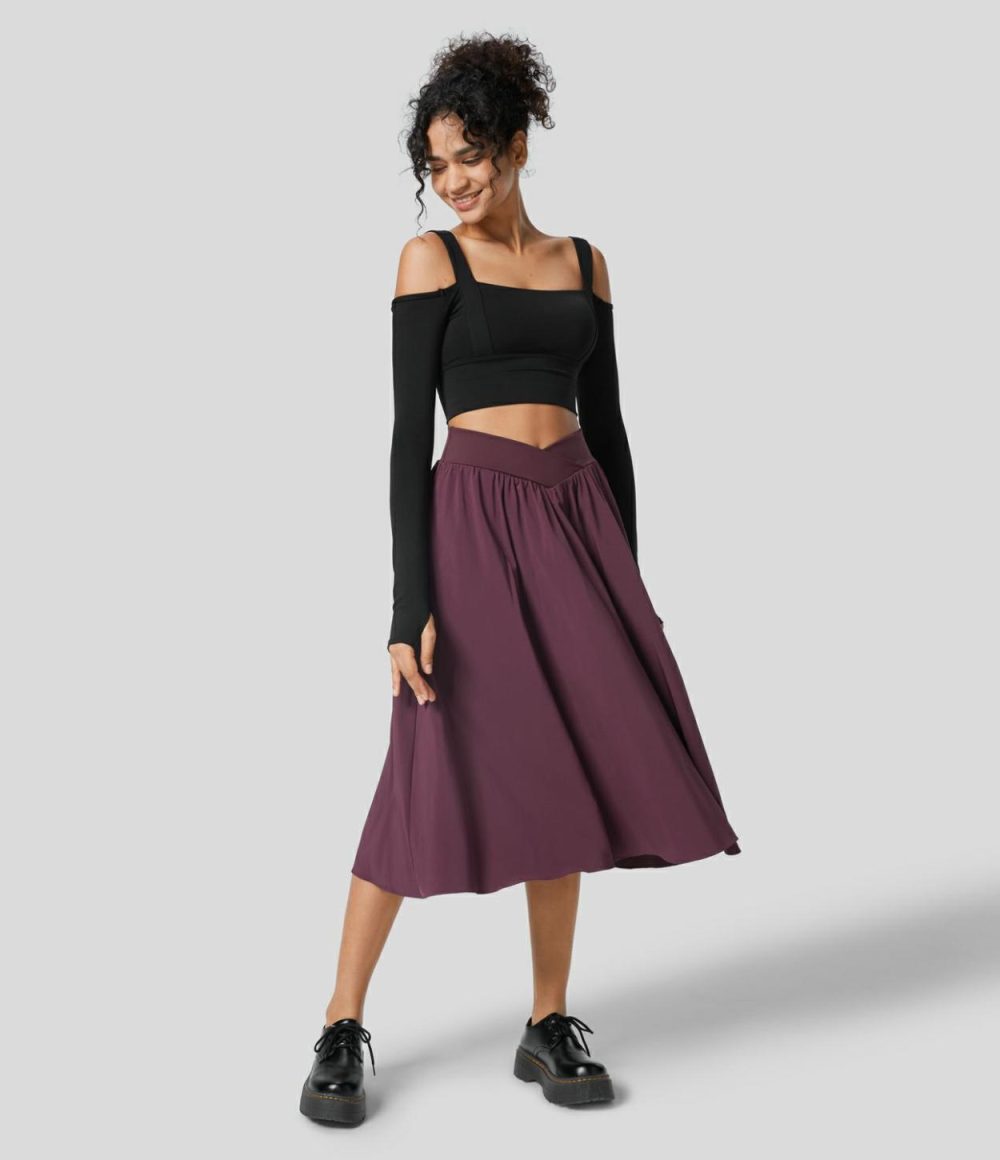 Breezeful™ Crossover High Waisted Side Pocket 2-in-1 Midi Quick Dry Casual Flare Skirt  | Womens  2-in-1 Skorts 2-in-1 Skorts 2-in-1 Skorts