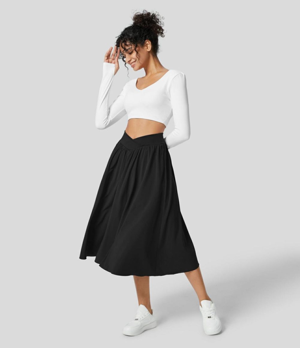 Breezeful™ Crossover High Waisted Side Pocket 2-in-1 Midi Quick Dry Casual Flare Skirt  | Womens  2-in-1 Skorts 2-in-1 Skorts 2-in-1 Skorts