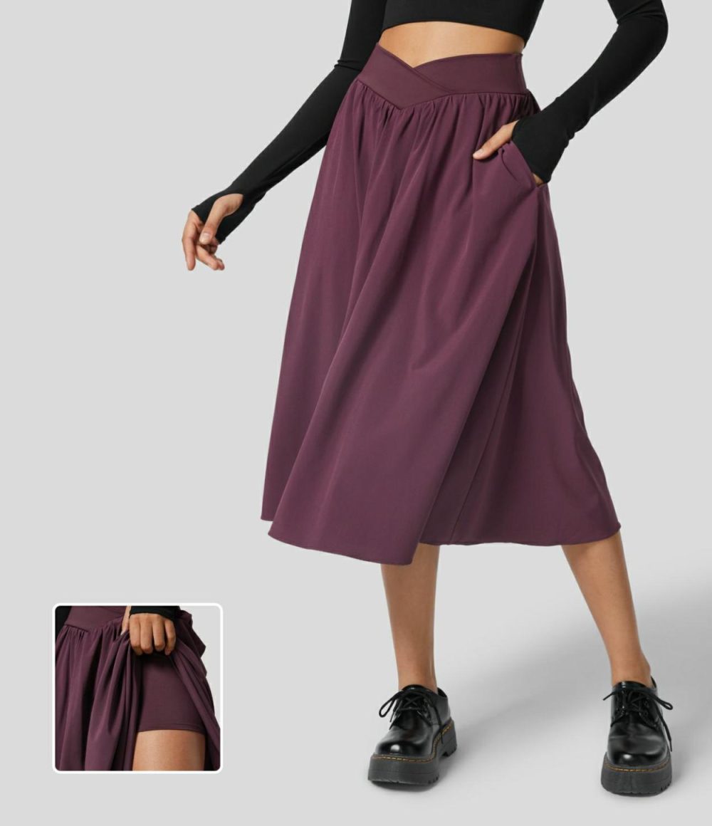 Breezeful™ Crossover High Waisted Side Pocket 2-in-1 Midi Quick Dry Casual Flare Skirt  | Womens  2-in-1 Skorts 2-in-1 Skorts 2-in-1 Skorts