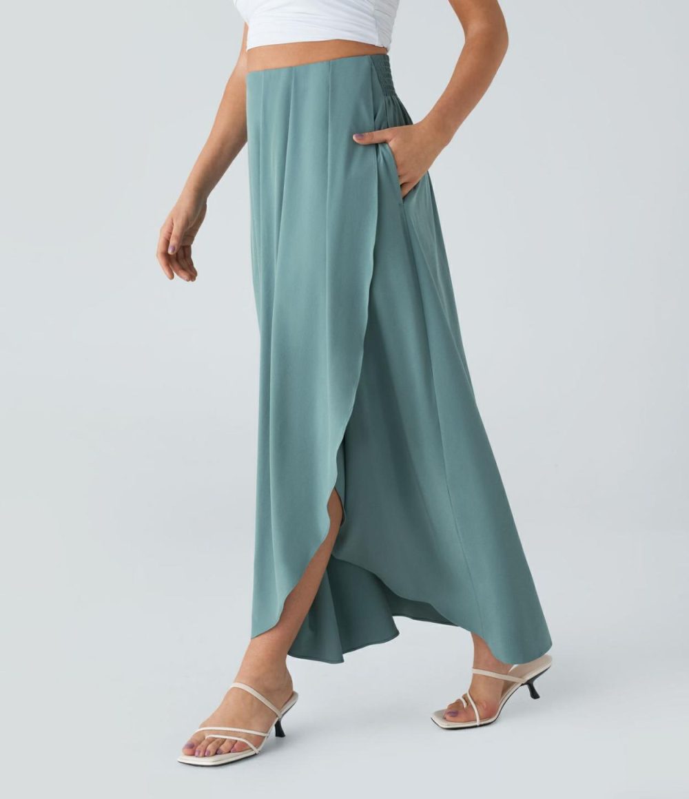 Breezeful™ High Waisted Plicated Side Pocket Split Flowy Quick Dry Maxi Resort Skirt  | Womens  Flowy Skirts Clothing Flowy Skirts