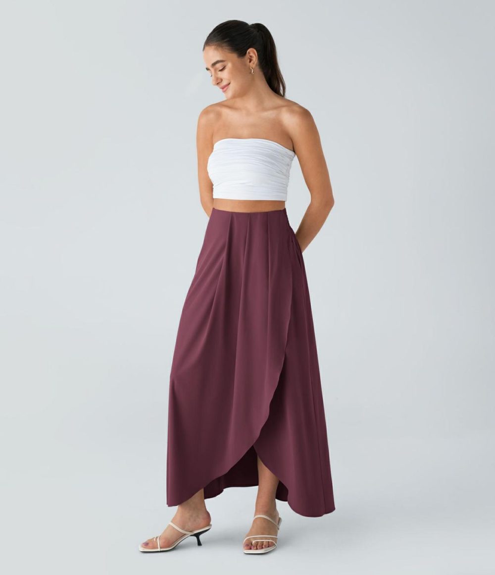 Breezeful™ High Waisted Plicated Side Pocket Split Flowy Quick Dry Maxi Resort Skirt  | Womens  Flowy Skirts Clothing Flowy Skirts