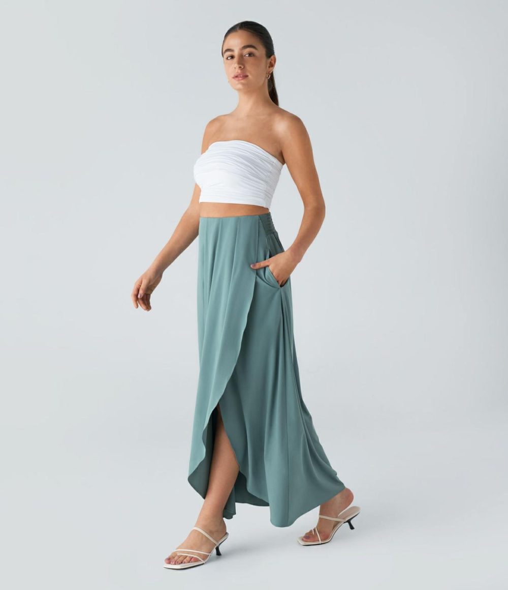 Breezeful™ High Waisted Plicated Side Pocket Split Flowy Quick Dry Maxi Resort Skirt  | Womens  Flowy Skirts Clothing Flowy Skirts