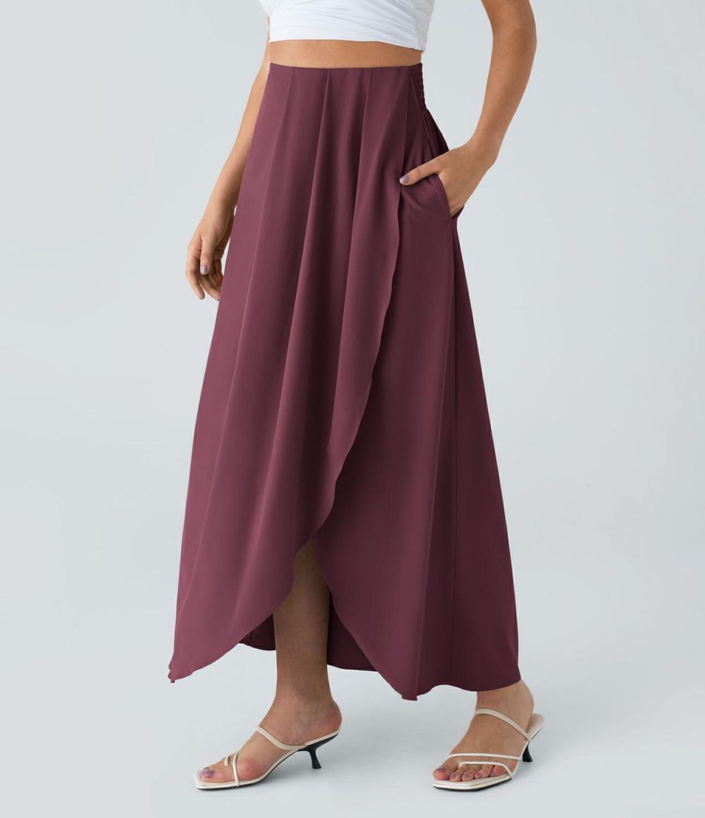 Breezeful™ High Waisted Plicated Side Pocket Split Flowy Quick Dry Maxi Resort Skirt  | Womens  Flowy Skirts Clothing Flowy Skirts