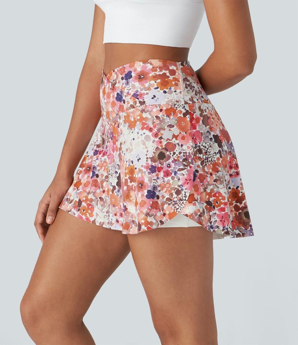 Crossover 2-in-1 Side Pocket Floral Print Pickleball Skirt  | Womens  Mini Skirts Clothing Creamy White Abstract Print/Sunflower Print/Watercolor Abstract Print