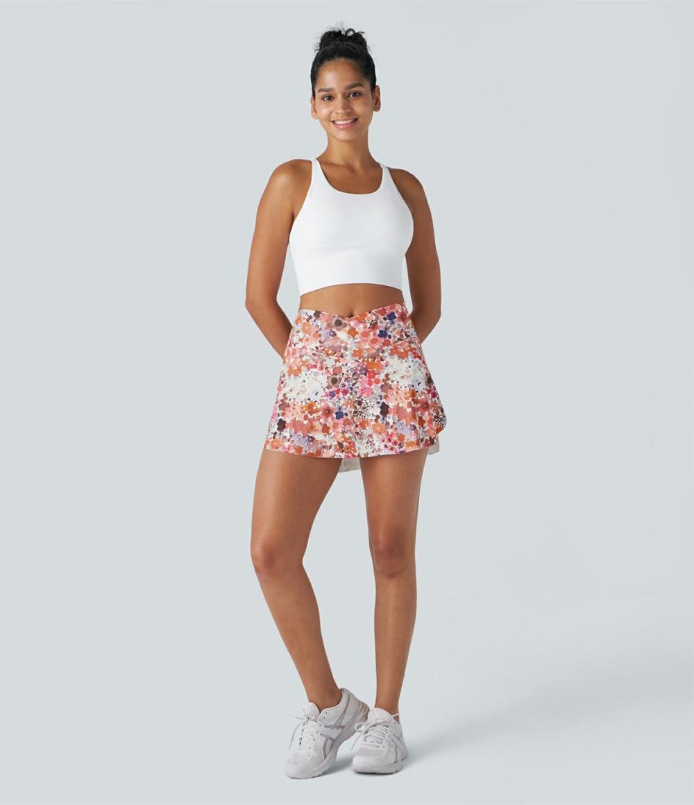 Crossover 2-in-1 Side Pocket Floral Print Pickleball Skirt  | Womens  Mini Skirts Clothing Creamy White Abstract Print/Sunflower Print/Watercolor Abstract Print