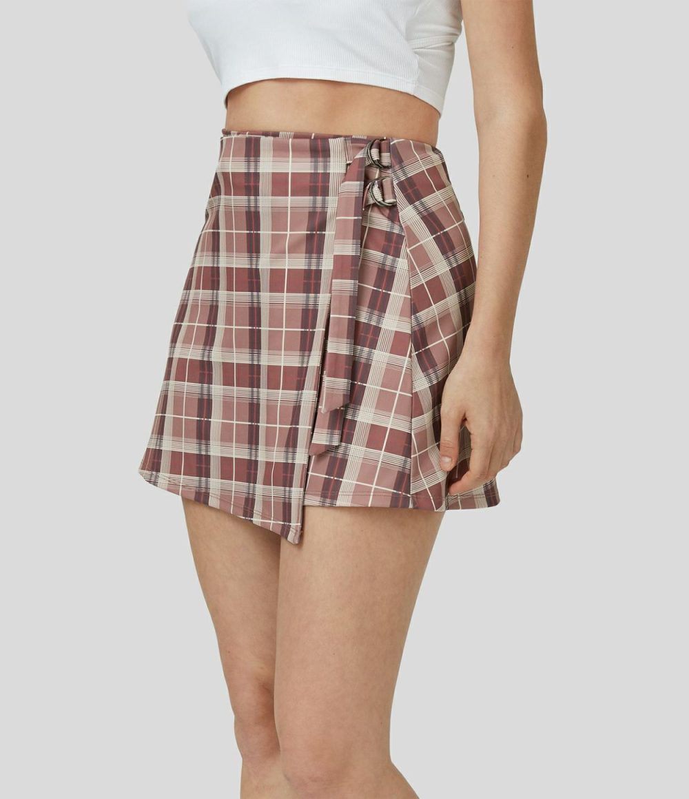 High Waisted Adjustable Buckle Plaid Wrapped A Line Mini Casual Skirt  | Womens  Mini Skirts Clothing Mini Skirts