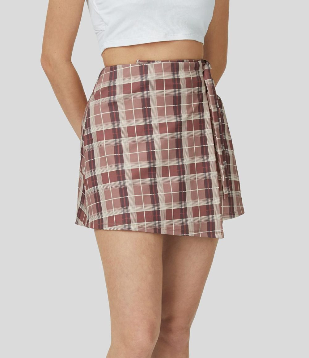 High Waisted Adjustable Buckle Plaid Wrapped A Line Mini Casual Skirt  | Womens  Mini Skirts Clothing Mini Skirts