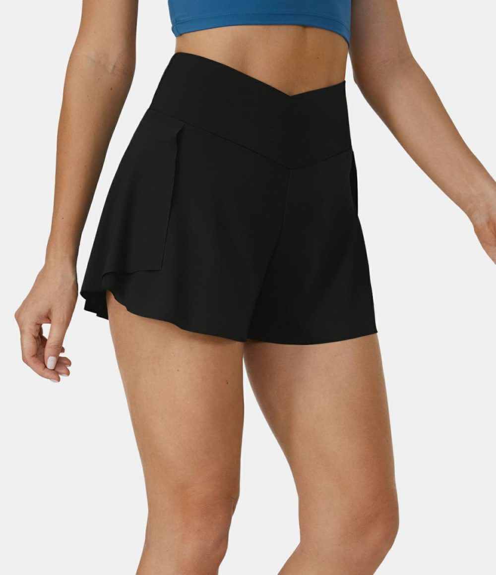 High Waisted Crossover Side Pocket Split 2-in-1 Casual Shorts 3”  | Womens  Crossover Shorts Clothing Blue Spruce/Black