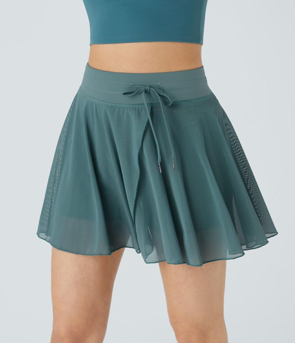 High Waisted Drawstring Contrast Mesh 2-in-1 Side Pocket Flowy Mini Flare Casual Skirt  | Womens  2-in-1 Skorts 2-in-1 Skorts 2-in-1 Skorts