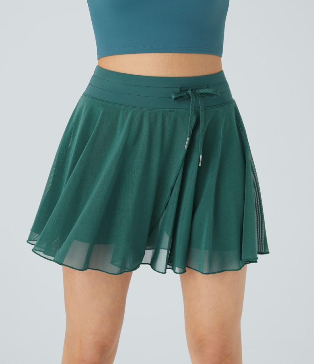 High Waisted Drawstring Contrast Mesh 2-in-1 Side Pocket Flowy Mini Flare Casual Skirt  | Womens  2-in-1 Skorts 2-in-1 Skorts 2-in-1 Skorts