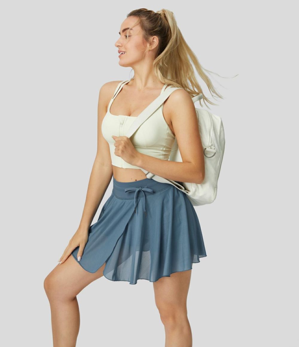 High Waisted Drawstring Contrast Mesh 2-in-1 Side Pocket Flowy Mini Flare Casual Skirt  | Womens  2-in-1 Skorts 2-in-1 Skorts 2-in-1 Skorts