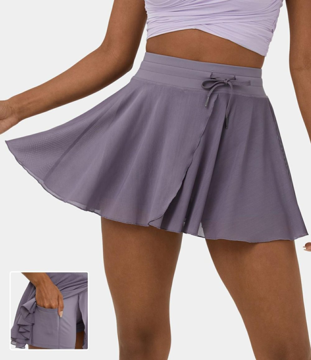 High Waisted Drawstring Contrast Mesh 2-in-1 Side Pocket Flowy Mini Flare Casual Skirt  | Womens  2-in-1 Skorts 2-in-1 Skorts 2-in-1 Skorts