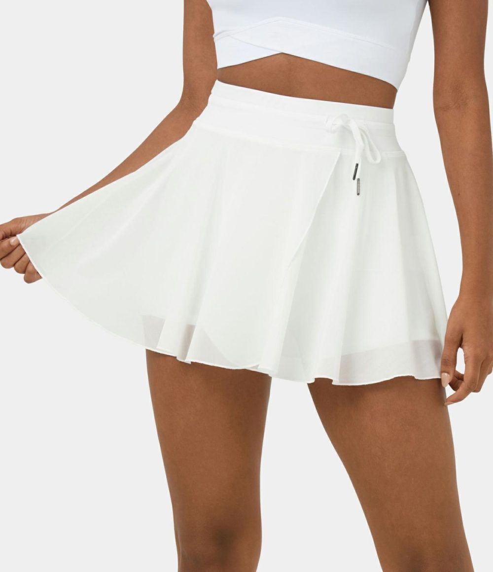 High Waisted Drawstring Contrast Mesh 2-in-1 Side Pocket Flowy Mini Flare Casual Skirt  | Womens  2-in-1 Skorts 2-in-1 Skorts 2-in-1 Skorts