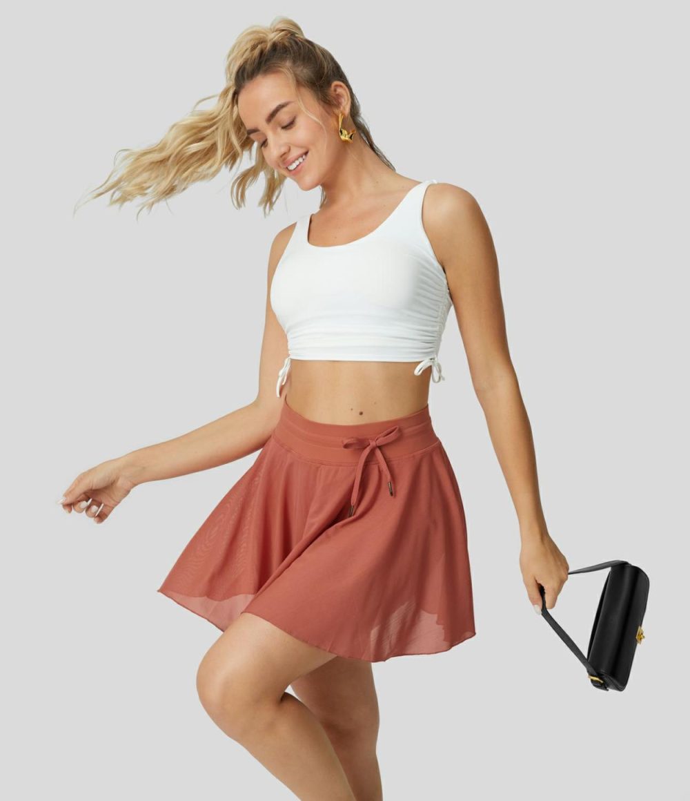 High Waisted Drawstring Contrast Mesh 2-in-1 Side Pocket Flowy Mini Flare Casual Skirt  | Womens  2-in-1 Skorts 2-in-1 Skorts 2-in-1 Skorts