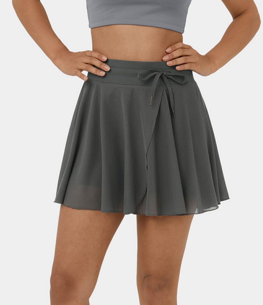 High Waisted Drawstring Contrast Mesh 2-in-1 Side Pocket Flowy Mini Flare Casual Skirt  | Womens  2-in-1 Skorts 2-in-1 Skorts 2-in-1 Skorts