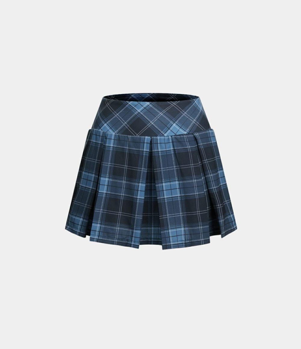 High Waisted Plaid 2-in-1 Side Pocket Pleated Tennis Skirt  | Womens  Mini Skirts Clothing Dark Blue Plaid/Volcanic Red Lattice/Charcoal Grey Plaid