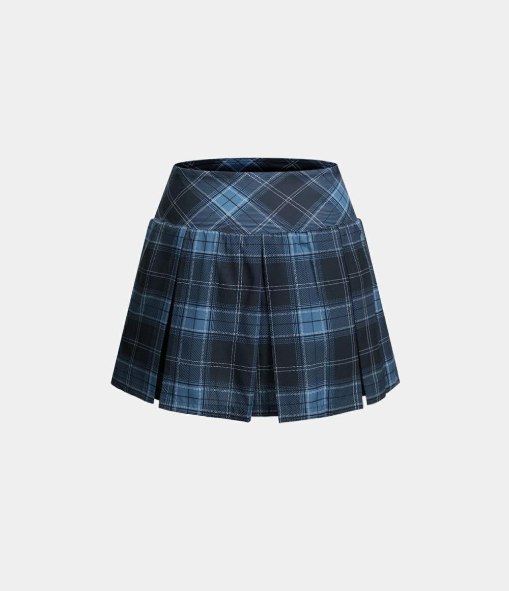 High Waisted Plaid 2-in-1 Side Pocket Pleated Tennis Skirt  | Womens  Mini Skirts Clothing Dark Blue Plaid/Volcanic Red Lattice/Charcoal Grey Plaid