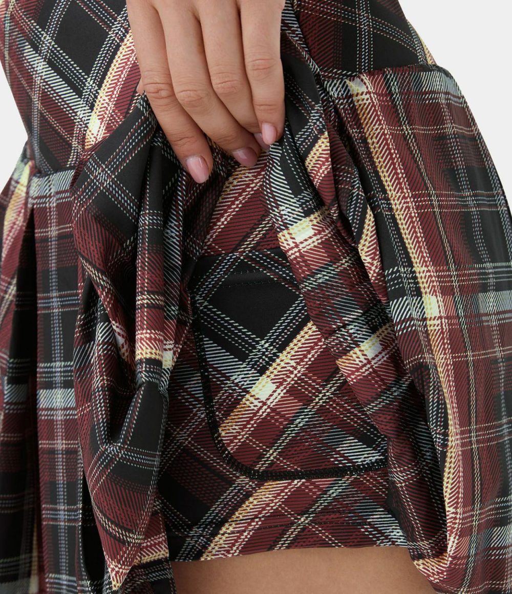 High Waisted Plaid 2-in-1 Side Pocket Pleated Tennis Skirt  | Womens  Mini Skirts Clothing Dark Blue Plaid/Volcanic Red Lattice/Charcoal Grey Plaid