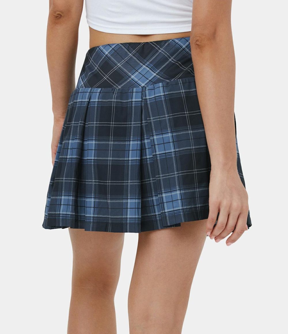 High Waisted Plaid 2-in-1 Side Pocket Pleated Tennis Skirt  | Womens  Mini Skirts Clothing Dark Blue Plaid/Volcanic Red Lattice/Charcoal Grey Plaid