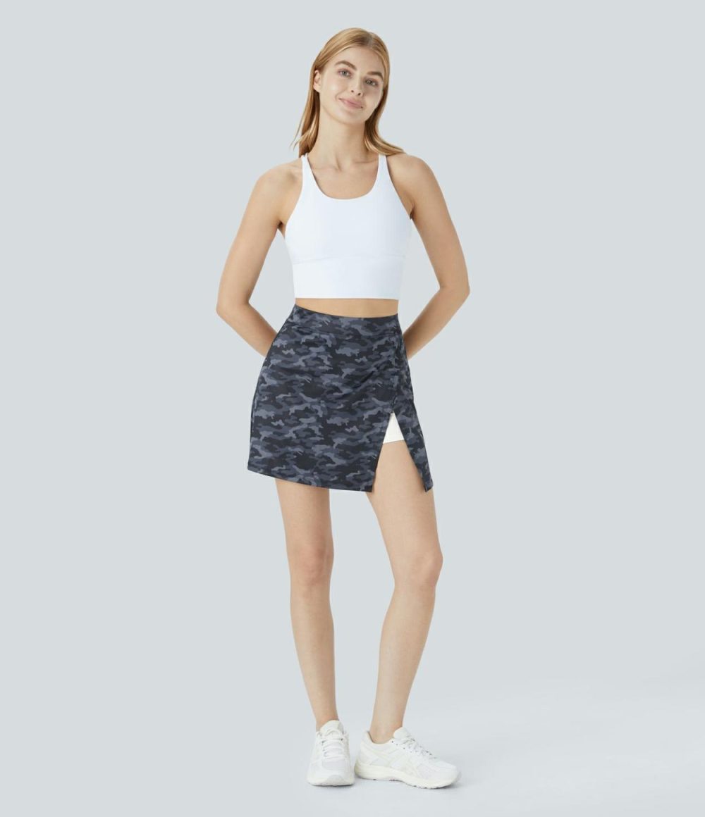 High Waisted Split 2-in-1 Side Pocket Camo Print Mini Pickleball Skirt  | Womens  Mini Skirts Clothing Gray Camo/Dark Gray Camo