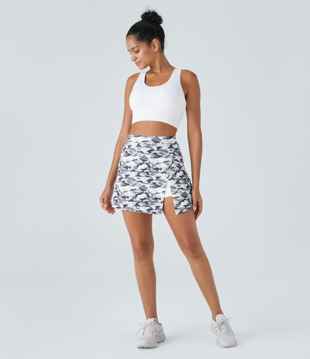 High Waisted Split 2-in-1 Side Pocket Camo Print Mini Pickleball Skirt  | Womens  Mini Skirts Clothing Gray Camo/Dark Gray Camo