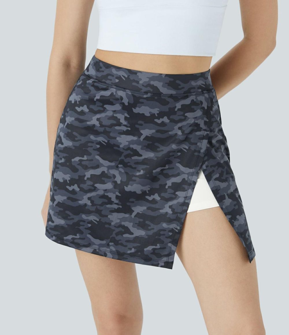 High Waisted Split 2-in-1 Side Pocket Camo Print Mini Pickleball Skirt  | Womens  Mini Skirts Clothing Gray Camo/Dark Gray Camo