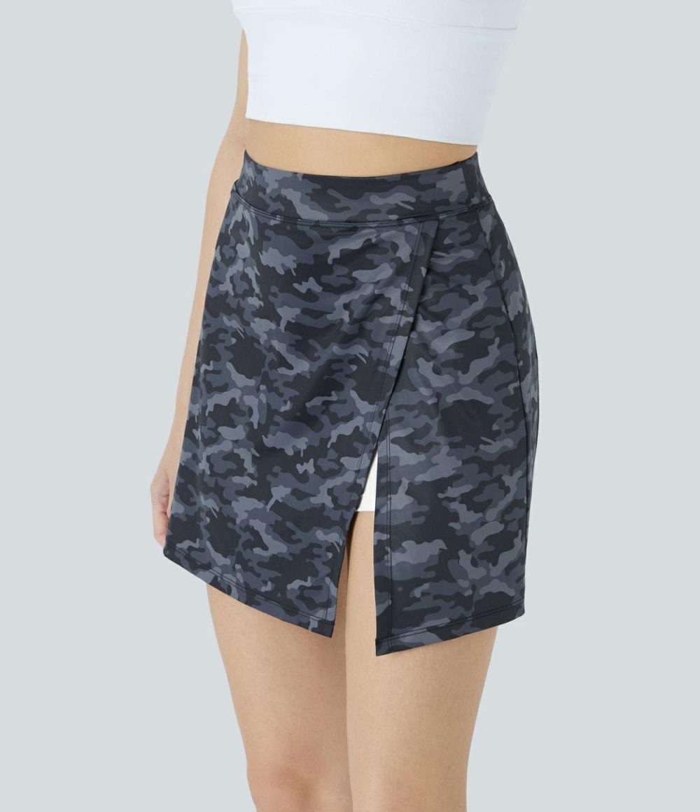 High Waisted Split 2-in-1 Side Pocket Camo Print Mini Pickleball Skirt  | Womens  Mini Skirts Clothing Gray Camo/Dark Gray Camo