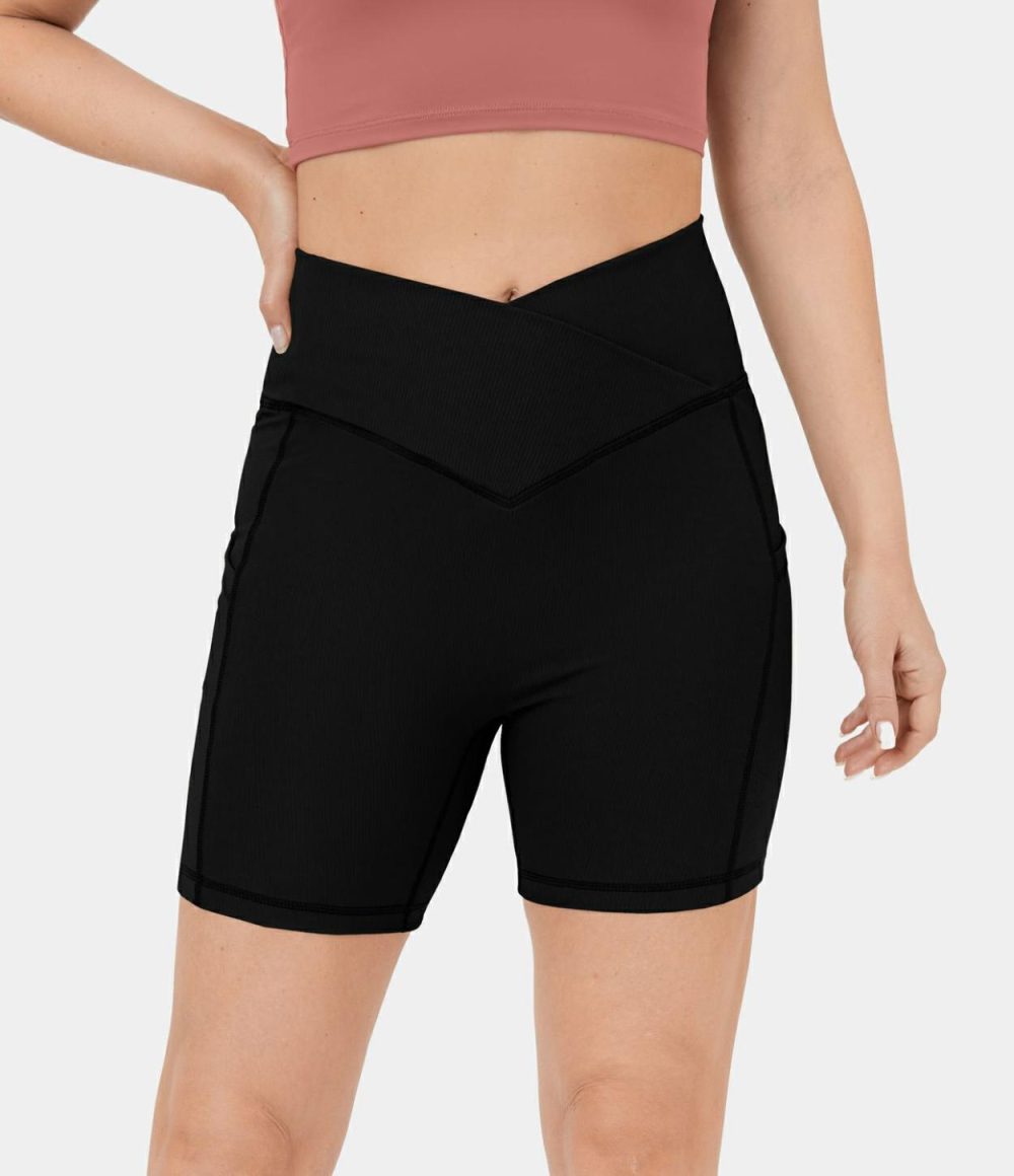 Ribbed High Waisted Crossover Side Pocket Yoga Biker Shorts  | Womens  Crossover Shorts Clothing Crossover Shorts