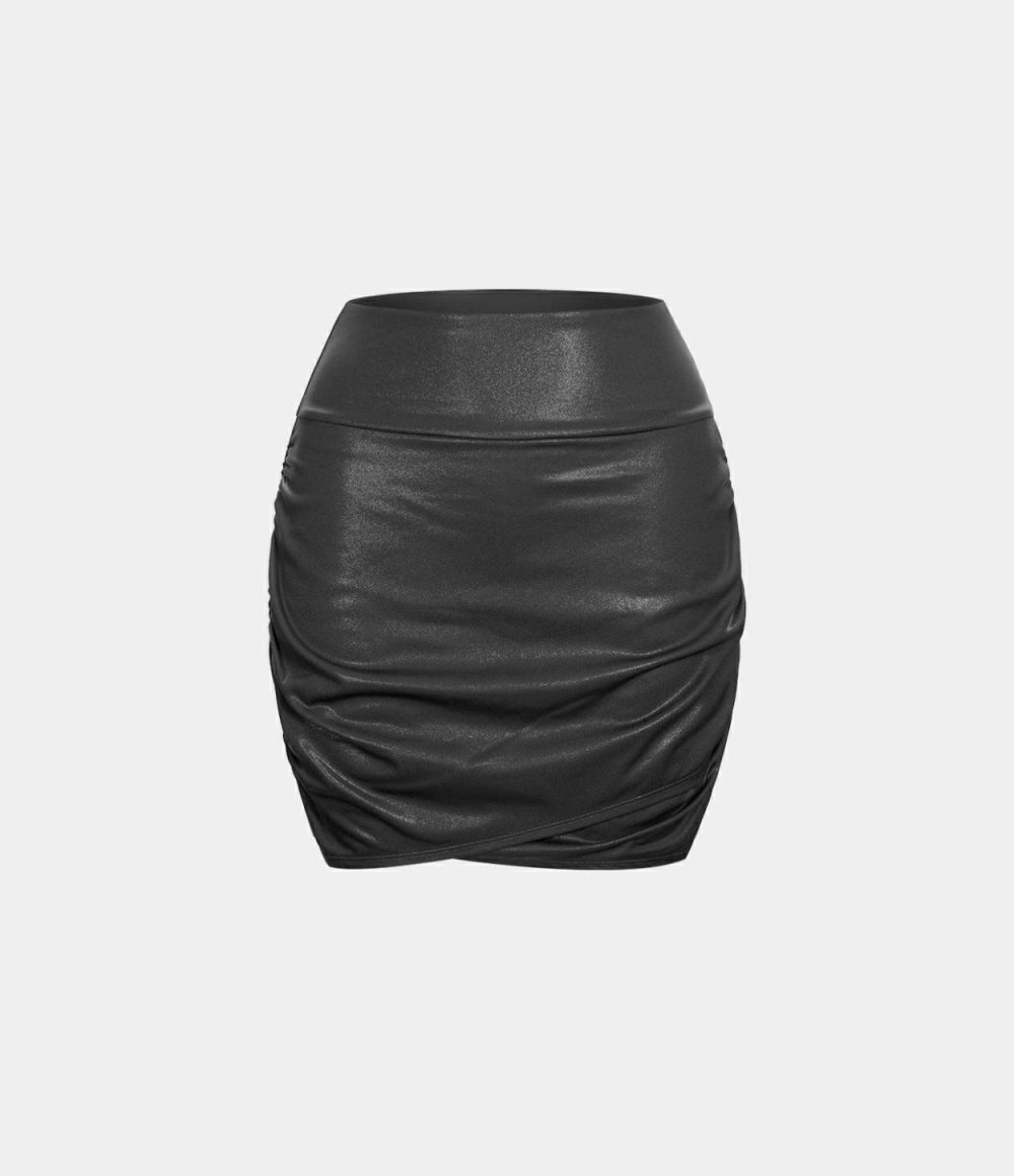 Softlyzero™ Faux Leather High Waisted Bodycon Foil Print Stretchy 2-in-1 Ruched Casual Skirt  | Womens  Mini Skirts Clothing Mini Skirts