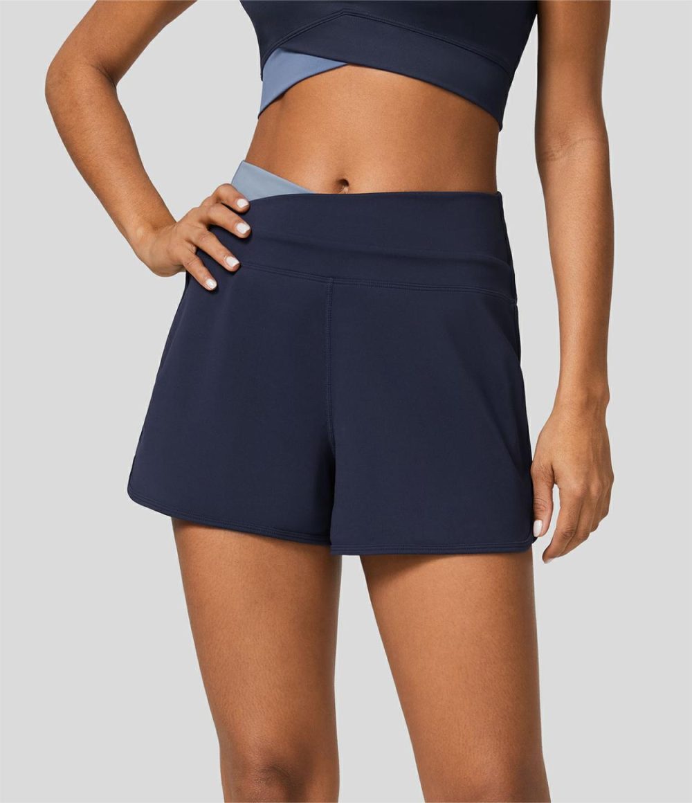 Softlyzero™ Plush High Waisted Crossover Color Block Curved Hem Yoga Shorts  | Womens  Crossover Shorts Clothing Crossover Shorts