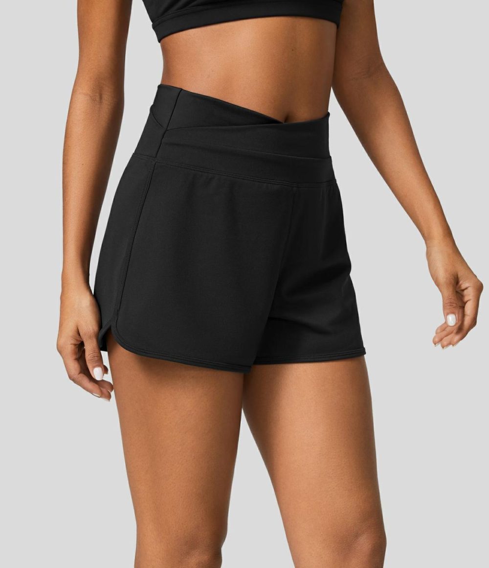 Softlyzero™ Plush High Waisted Crossover Color Block Curved Hem Yoga Shorts  | Womens  Crossover Shorts Clothing Crossover Shorts