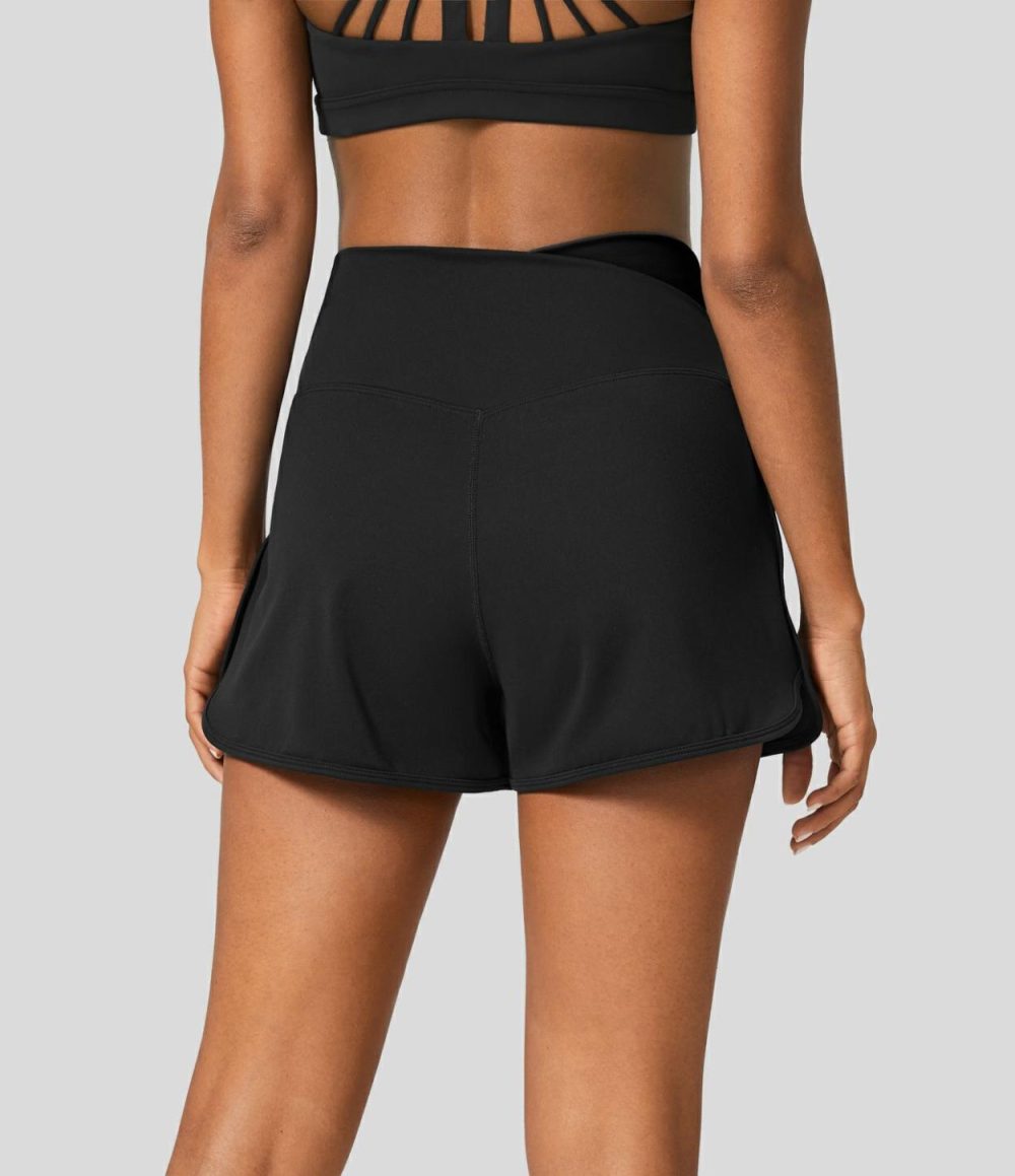 Softlyzero™ Plush High Waisted Crossover Color Block Curved Hem Yoga Shorts  | Womens  Crossover Shorts Clothing Crossover Shorts