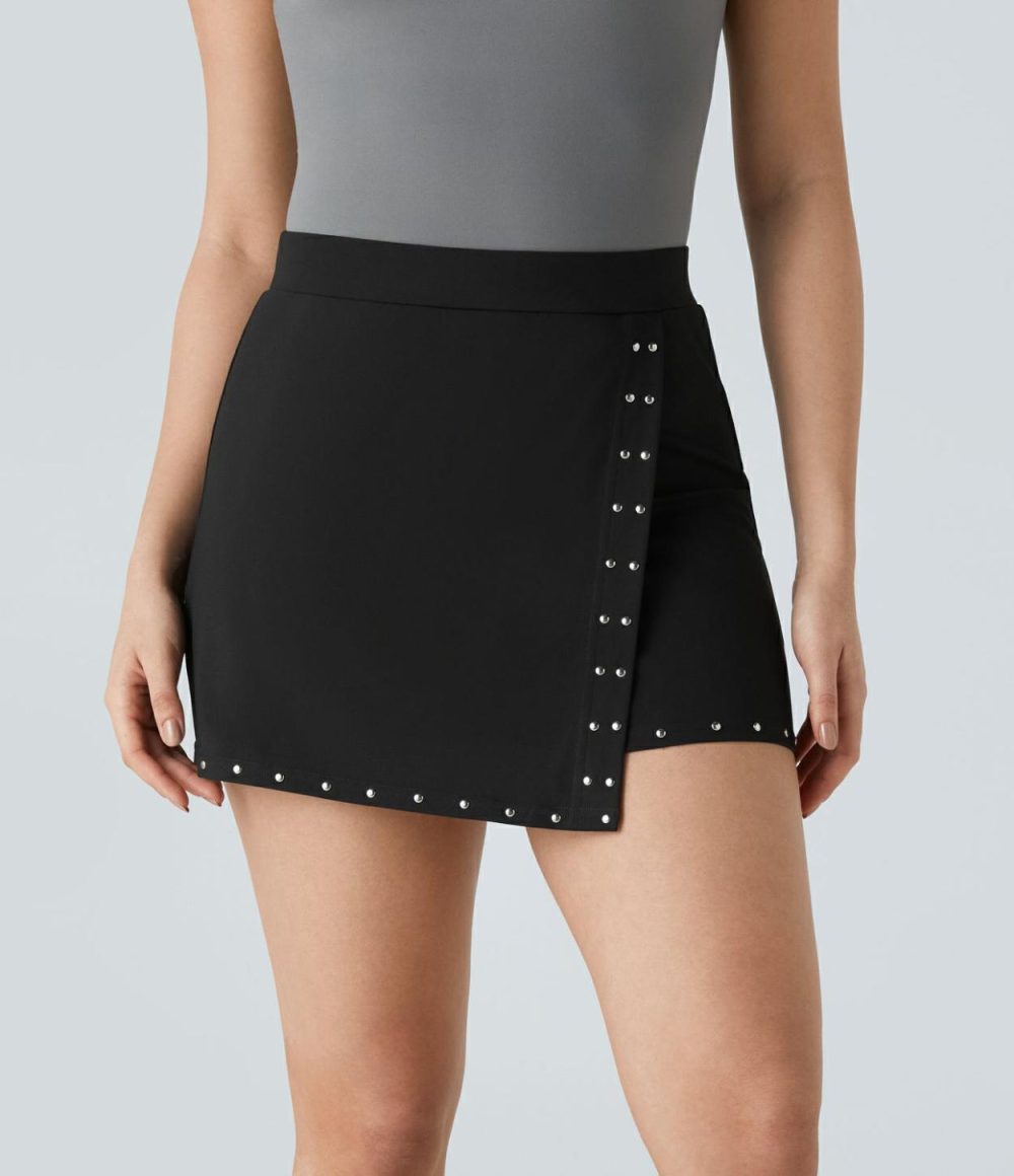 Softlyzero™ Plush High Waisted Studded Wrapped A-Line Mini Casual Skirt  | Womens  Mini Skirts Clothing Black/Red Mahogany