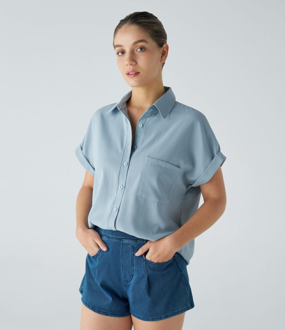 Collared Button Chest Pocket Curved Hem Casual Blouse  | Womens  T-Shirts Clothing Powder Blue/Black